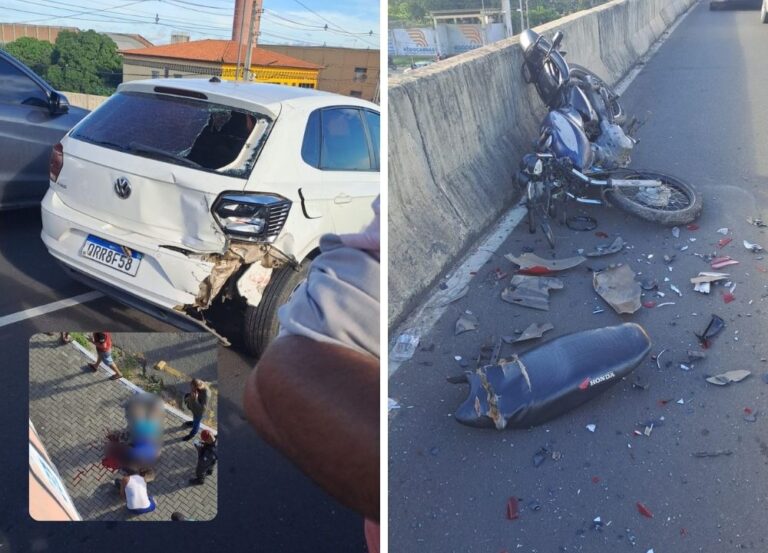 Motociclista fica gravemente ferido após bater em carro e cair de viaduto em Teresina