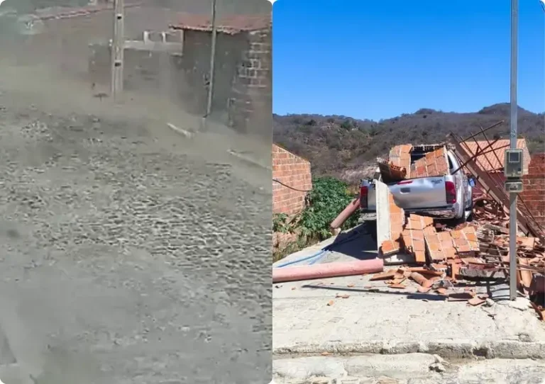 Ventania derruba cobertura de lava-jato e danifica caminhonete em Pimenteiras