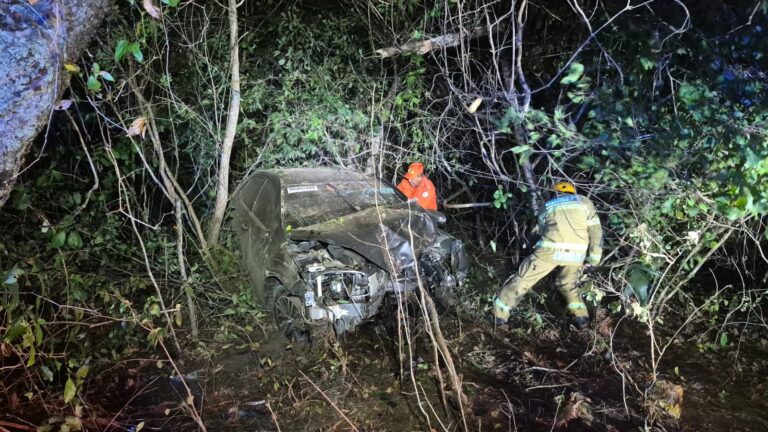 Mulher fica presa às ferragens e aciona bombeiros após carro sair da pista em Brasileira